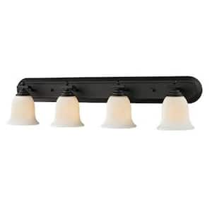 Lawrence 36 in. 4-Light Matte Black Steel Traditional Vanity Light with Matte Opal Glass Shades