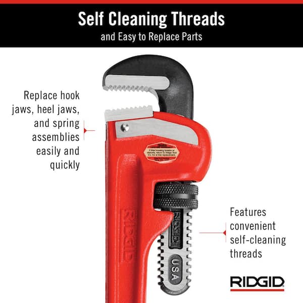 RIDGID 18 in. Straight Pipe Wrench for Heavy-Duty Plumbing, Sturdy Plumbing  Pipe Tool with Self Cleaning Threads and Hook Jaws 31025 - The Home Depot