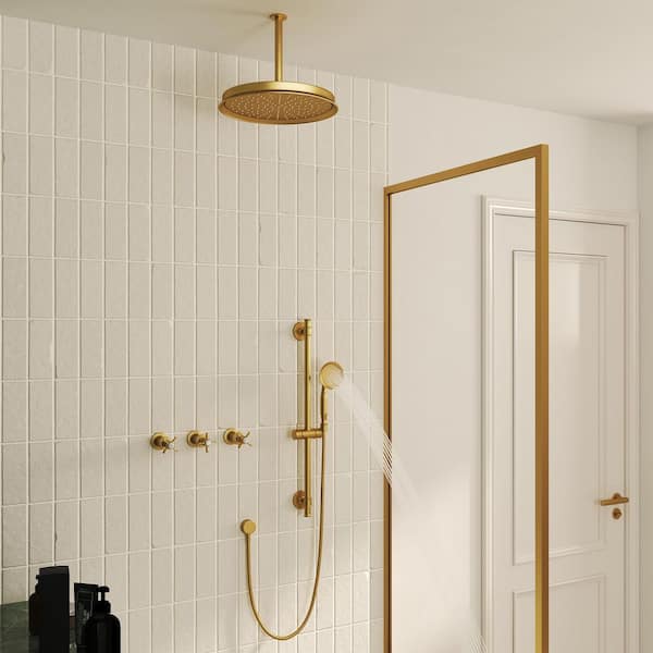 Classical Style 2-Spray Ceiling Mount 10 in. Round Rain Shower Head and Handheld Shower with Sliding Rod in Brushed Gold