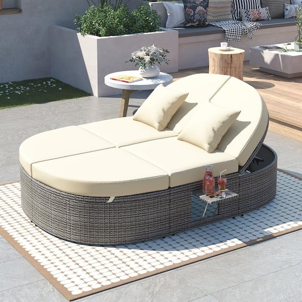 Unbranded Gray Wicker Outdoor Day Bed with Beige Cushions with Adjustable Backrests and Foldable Cup Trays
