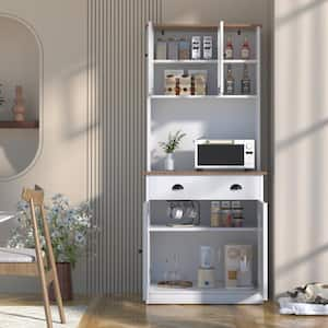 White Engineered Wood Kitchen Pantry Cabinet Storage Hutch with Adjustable Shelves, Buffet Cupboard and Microwave Stand