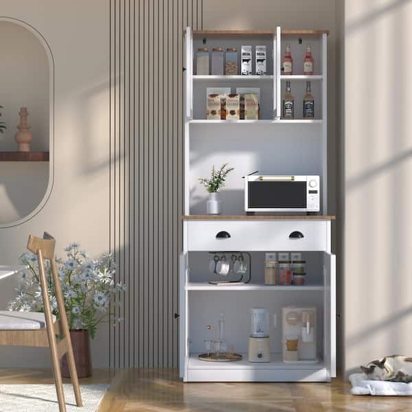 White Engineered Wood Kitchen Pantry Cabinet Storage Hutch with Adjustable Shelves, Buffet Cupboard and Microwave Stand