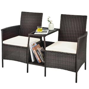 1-Piece Rattan Wicker Patio Conversation Set Sofa with Off White Cushions and Loveseat Glass Table