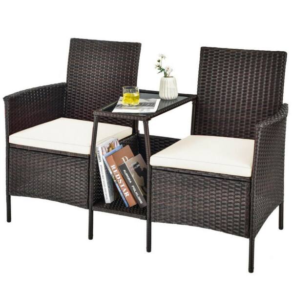 Clihome 1-Piece Rattan Wicker Patio Conversation Set Sofa with Off White Cushions and Loveseat Glass Table