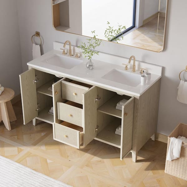 ANITA 60 in. Ash Freestanding Bath Vanity with White Quartz Top, 4 in. Backsplash/BLUM Hinge/DTC Slider, Fully Assembled