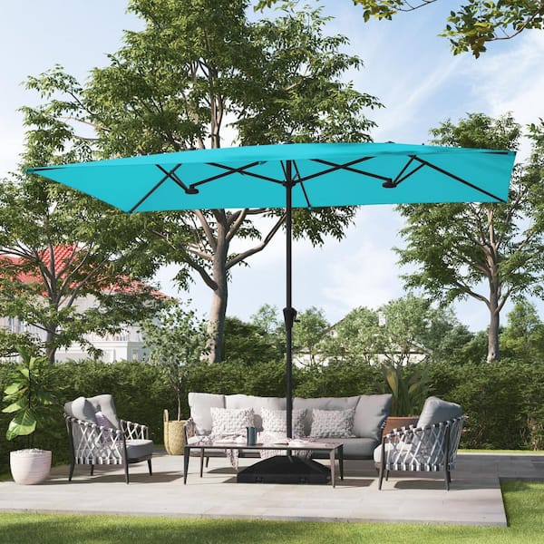 11 x 7 ft. Steel Double-Sided Rectangular Outdoor Market Patio Umbrella with Crank in Lake Blue