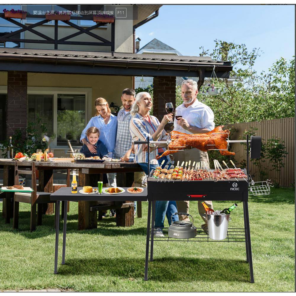 Portable Black Stainless Steel Rotisserie Charcoal Grill with Side Table