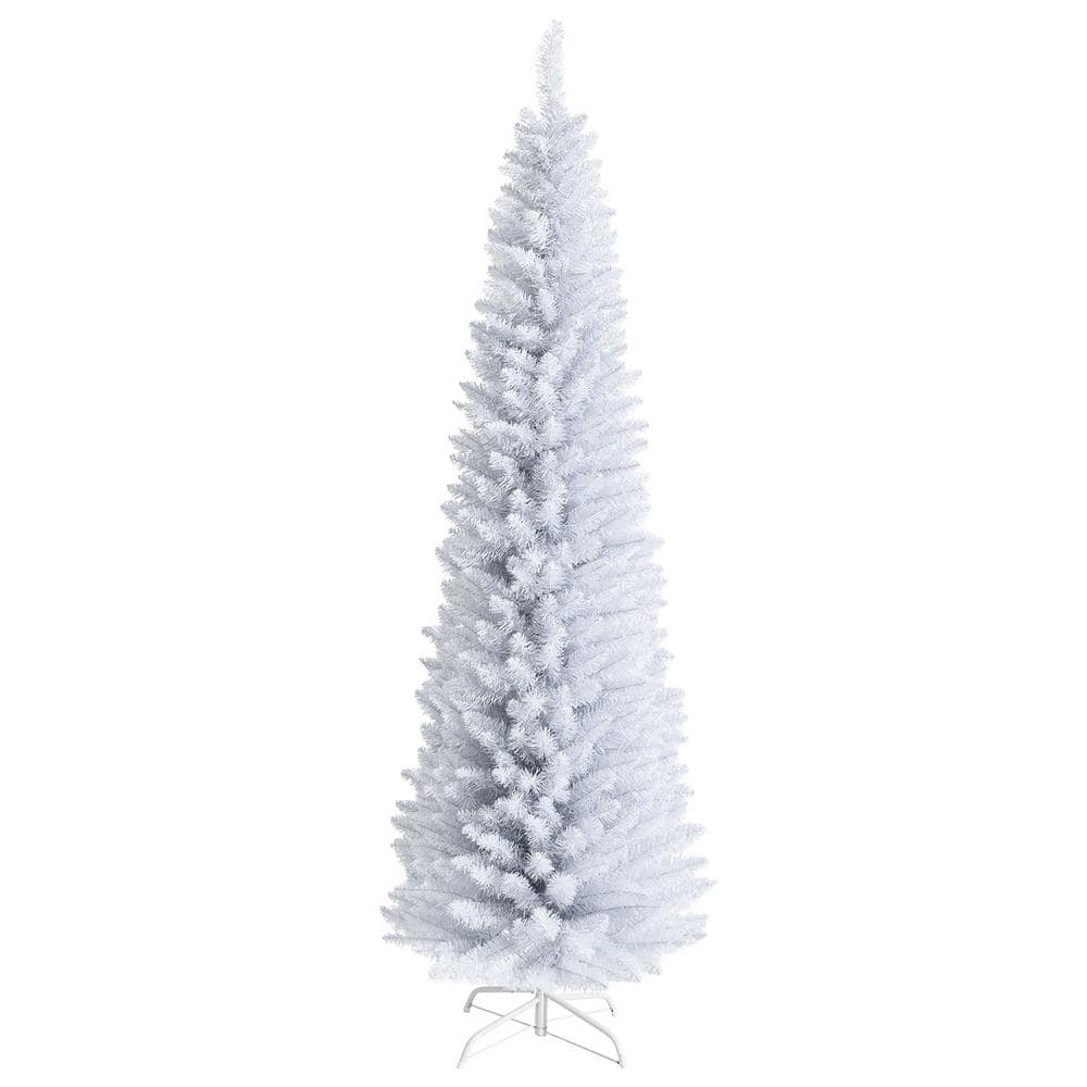 Costway 7 ft. Un-Lit Slim Artificial Christmas Tree Pencil with Metal Stand White