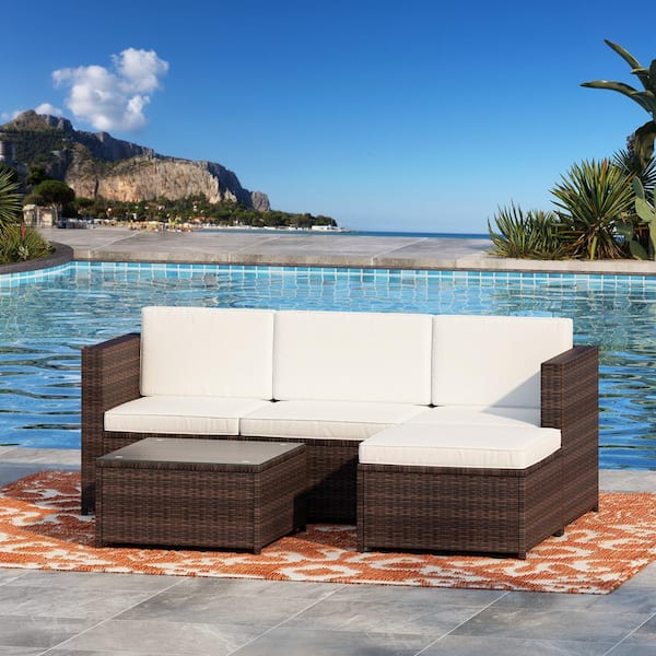Wateday Outdoor Brown 5-Piece Wicker Patio Conversation Sets Sofa with Beige Cushions