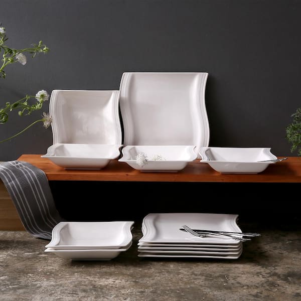 MALACASA Flora 12-Piece White Porcelain Square Dinner Plates Soup Bowls Dinnerware  Set (Service for 6) FLORA-12 - The Home Depot