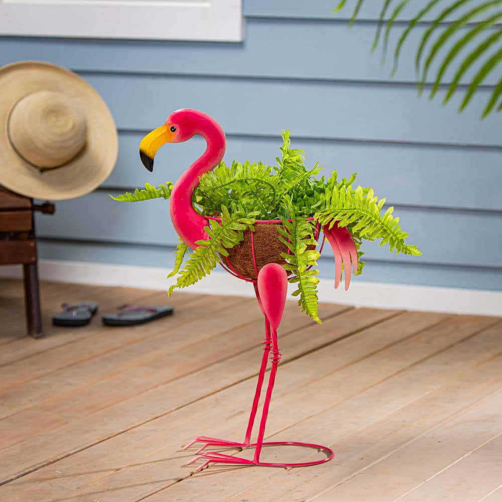 Evergreen 25 in. Metal Flamingo with Coco Insert Garden Planter