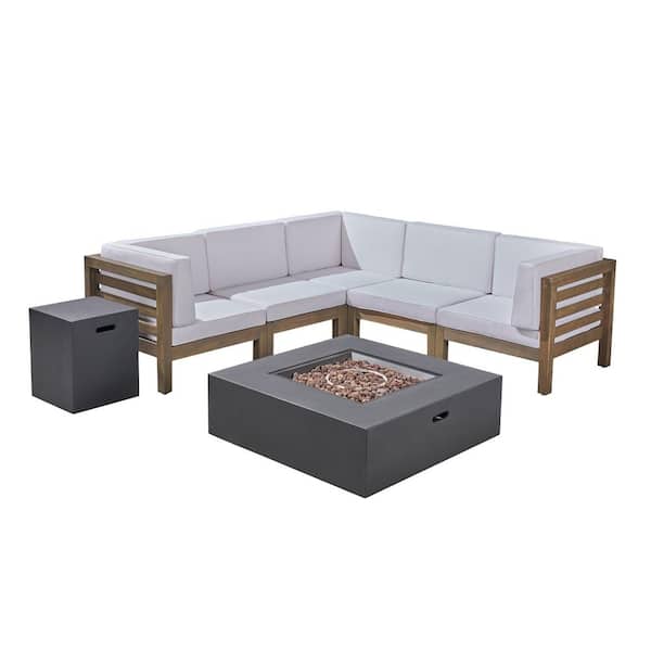 Noble House Oana Grey 7-Piece Wood Patio Fire Pit Sectional Seating Set with White Cushions