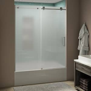 Coraline xL 56 - 60 in. x 70 in. Frameless Sliding Tub Door with Ultra-Bright Frosted Glass in Stainless Steel