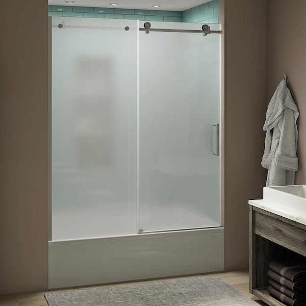 Aston Coraline xL 56 - 60 in. x 70 in. Frameless Sliding Tub Door with Ultra-Bright Frosted Glass in Stainless Steel