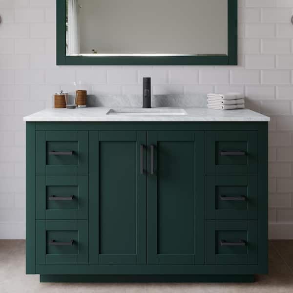 Wyndham Collection Miranda 48 in. W x 22 in. D x 33.75 in. H Single Sink Bath Vanity in Green with White Carrara Marble Top and Mirror