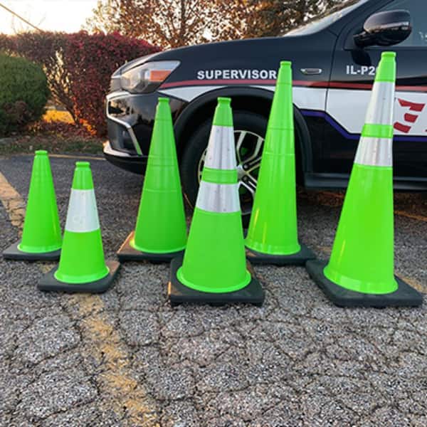 PLASTICADE 28 in. Lime Green Traffic Cone with Black Base and 4 in