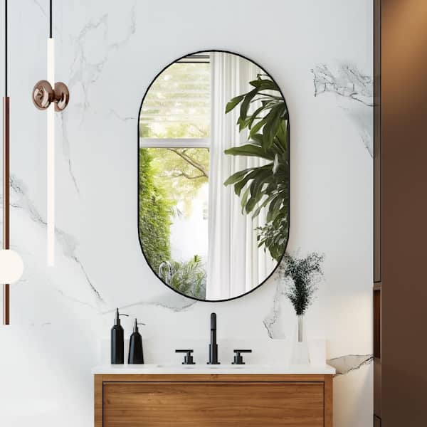 ANGELES HOME 24 in. W x 40 in. H Oval Anodized Aluminum Framed Wall Bathroom Vanity Mirror in Matte Black Vertical Hangs