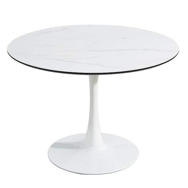 Zeus & Ruta 42 in. x 42 in. x 30 in. Marble White Round Dining Table, Kitchen Table with Stone Look Tabletop for Kitchen Dining Room