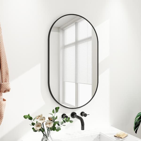 GLSLAND 22 in. W x 38 in. H Oval Metal Framed Wall Bathroom Mirror Vanity Mirror Black