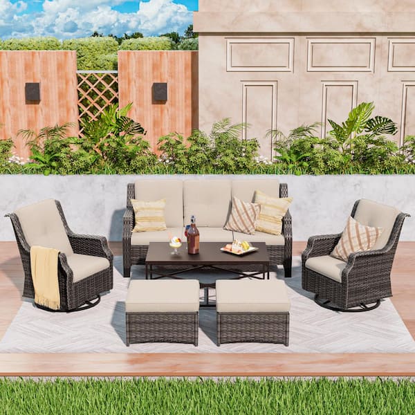 6-Piece Patio Furniture Swivel Chairs Outdoor Wicker Patio Conversation Set with Beige Cushions