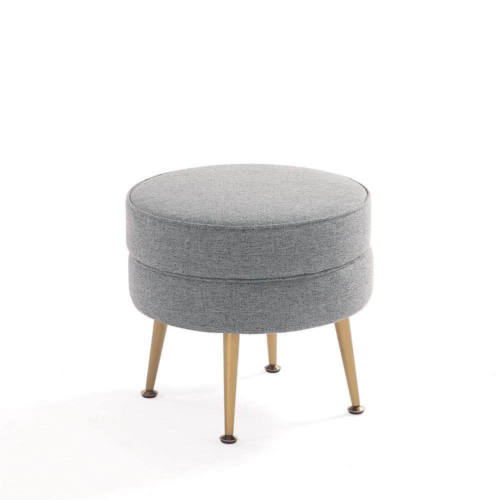 Bailey Round Gray Upholstered Ottoman with Gold Legs