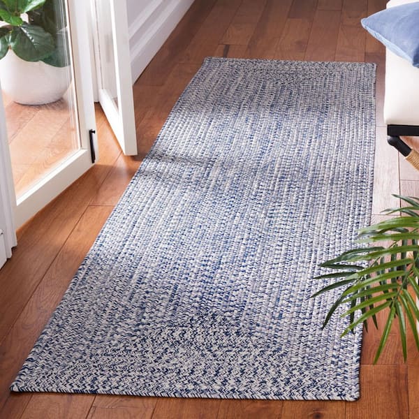 Braided Dark Blue/Ivory 2 ft. x 18 ft. Machine Washable Concentric Woven Runner Rug