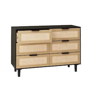 6 drawers Black Mid-Century Modern Rattan Dresserr