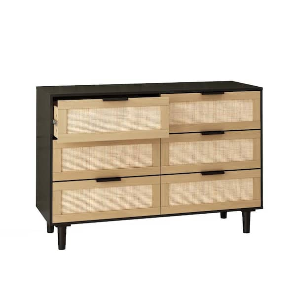 wetiny 6 drawers Black Mid-Century Modern Rattan Dresserr