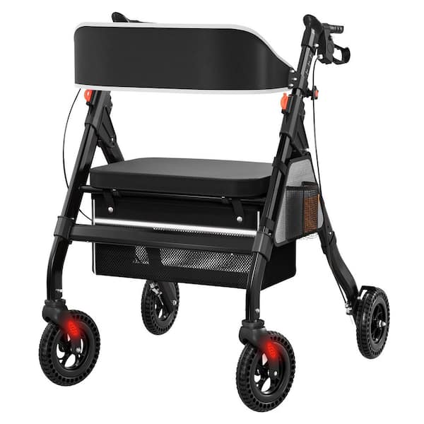 4-Wheel Rollator Walker with Seat, Heavy-Duty Aluminum Frame, 450 lbs. Capacity, 6-Position Adjustable Height in Black