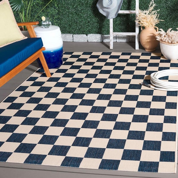 Courtyard Navy/Beige 3 ft. x 3 ft. Checkered Indoor/Outdoor Square Area Rug