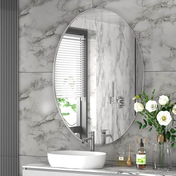PAIHOME 24 in. W x 36 in. H Large Oval Mirror Stainless Steel Frame Mirror Wall Mirrors Bathroom Vanity Mirror in Brushed Silver