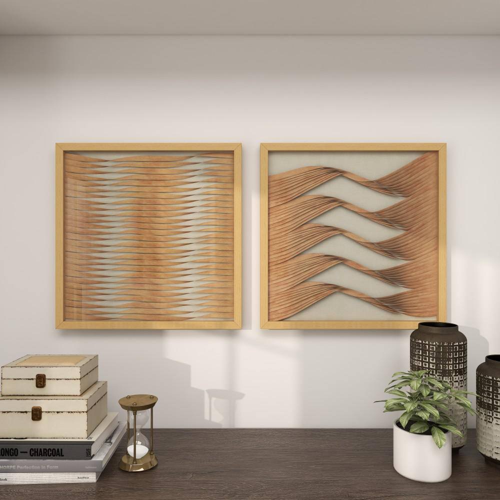 Large Brown Wood and Rattan Shadow Box Wall Art Set