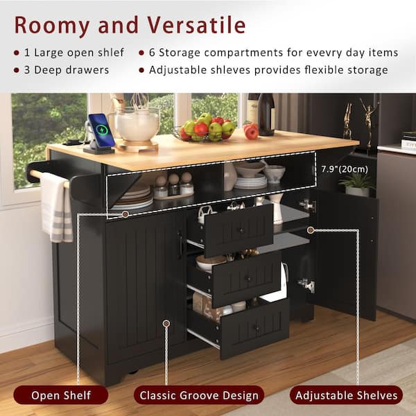 Oasis Black Wood 55.7 in. Kitchen Island with 2 Drop Leaf,, Rolling Kitchen Cart on 5 Wheels with Power Outlet