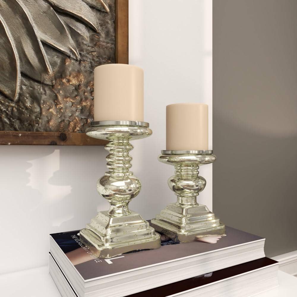 Elegant Silver Mercury Glass Pillar Candle Holder Set, 9" & 7"H