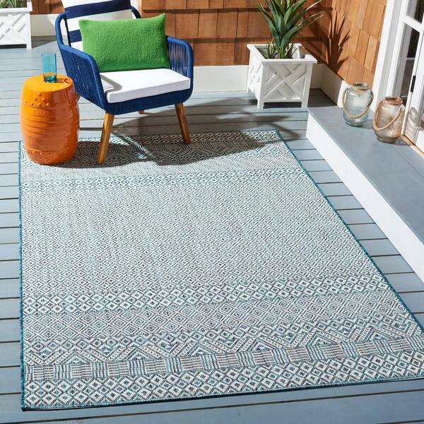 Courtyard Ivory/Aqua 2 ft. x 4 ft. Geometric Diamond Indoor/Outdoor Area Rug