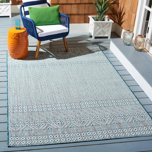 Courtyard Ivory/Aqua 7 ft. x 7 ft. Geometric Diamond Indoor/Outdoor Patio  Square Area Rug