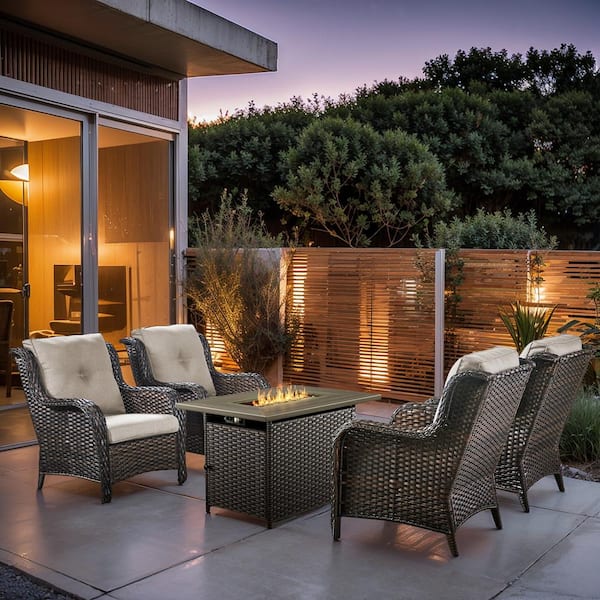 Pocassy 5-Piece Brown Wicker Patio Chairs for 4 with Gas Propane Fire Pit Table Sets Gray Cushions