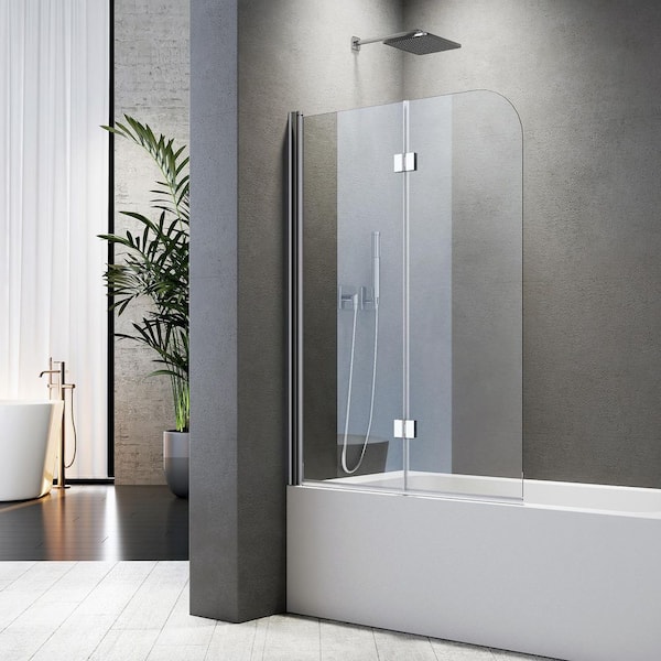 42 in. W x 55 in. H Bi-Fold Frameless Pivot Tub Door in Polished Chrome with Explosion-Proof Film Tempered Clear Glass