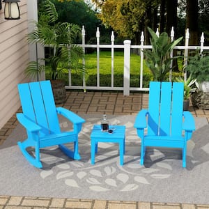 Shoreside Pacific Blue HDPE Plastic Modern Rocking Poly Adirondack Chair Set of 2 With Side Table