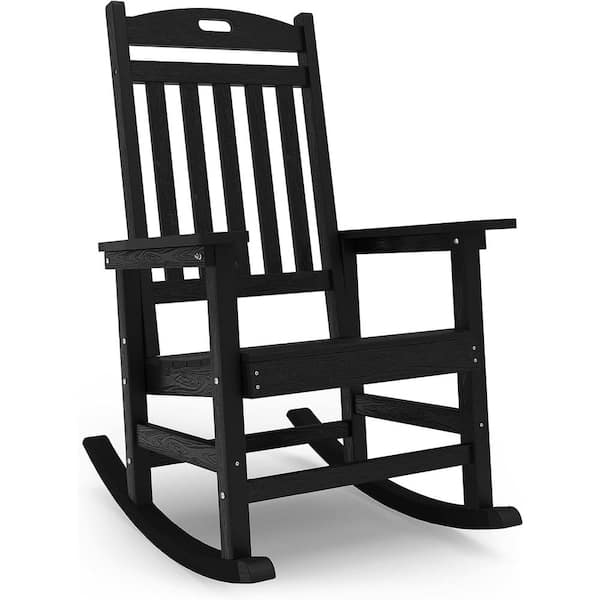 Mximu Black Plastic Patio Outdoor Rocking Chair, Fire Pit Adirondack Rocker Chair with High Backrest
