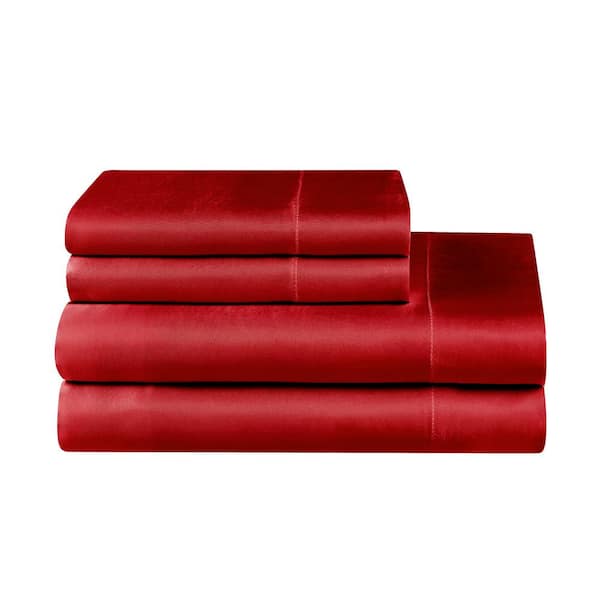 JUICY COUTURE Silky Satin 4-Piece Red Solid Color Microfiber Full Deep Pocket Sheet Set