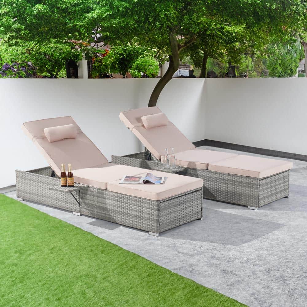 2-Piece Patio Outdoor Chaise Lounge Chairs, Gray Rattan Reclining Chair Poo