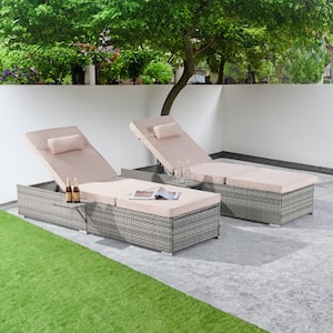 2-Piece Patio Outdoor Chaise Lounge Chairs, Gray Rattan Reclining Chair Pool Sunbathing Recliners with Sand Cushion
