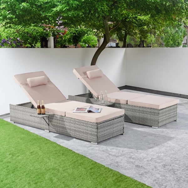 SANSTAR 2-Piece Patio Outdoor Chaise Lounge Chairs, Gray Rattan Reclining Chair Pool Sunbathing Recliners with Sand Cushion