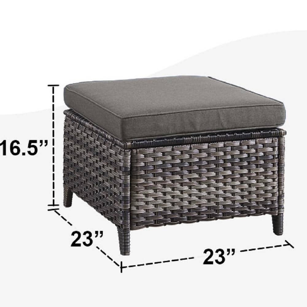 Gray Wicker and Steel Outdoor Ottoman Set with Cushions