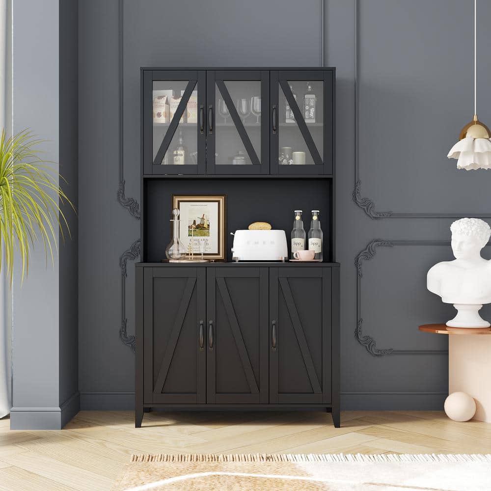 39.3 in. W x 7.87 in. D x 70.87 in. H Black Linen Cabinet with Glass Doors 