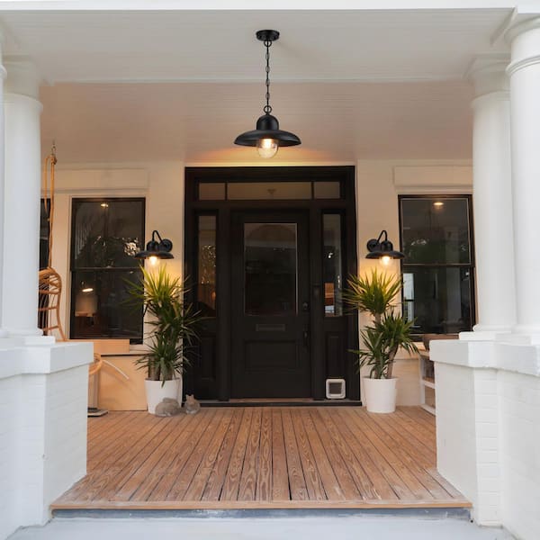 Farmhouse 9.75 in. 1-Light Black Outdoor Pendant Light with Seeded Glass for Porch