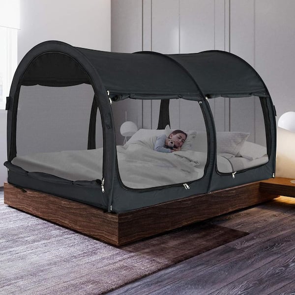 2 in 1 Indoor Pop Up Portable Frame Pongee Bed Canopy Tent Full Curtains Breathable Charcoal Mattress Not Included