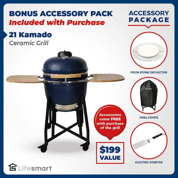 Lifesmart in. Kamado Ceramic Charcoal Grill in Blue with Free Cover, Electric Starter and Pizza Stone SCS-K21B - The Home Depot