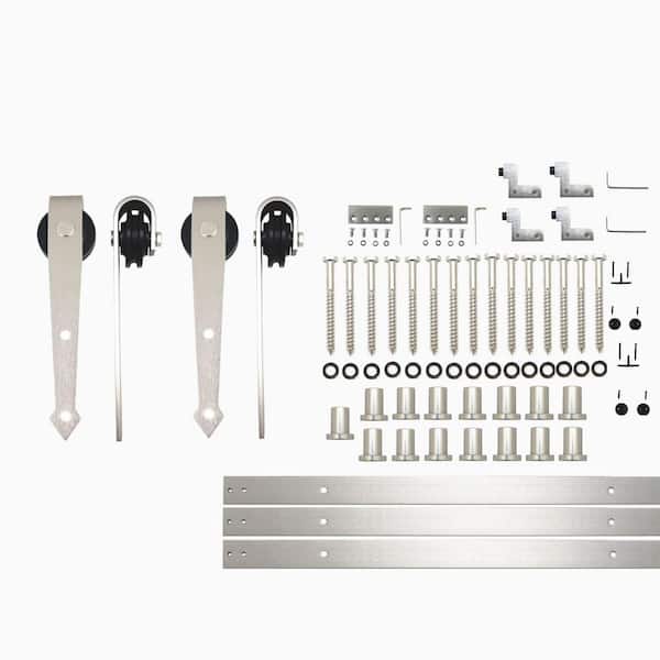 HOMACER 18 ft./216 in. Brushed Nickel Non-Bypass Sliding Barn Door Hardware Kit Arrow Design Roller for Double Doors